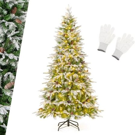 Lysende Juletræ 190CM COSTWAY-280 Varm Hvide Lyskilder-765 Flossede Grene med Hængsler-62 Kogler-3 Typer Blade