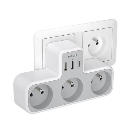 Multi Wall Socket, 3 Wall French Sockets, 1 USB Socket With 2 USB C, 6-in-1 Electric USB C Socket