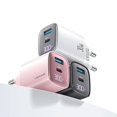 USAMS Väggladdare CC229 30W GaN USB-C/USB-A XC-serien CC229TC02 – Vit