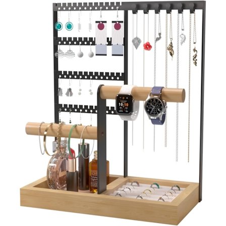 Smykkeorganiser, 4-lags halskædeholder med halskædeorganisator og øreringehuller, træringorganisator øreringebakke