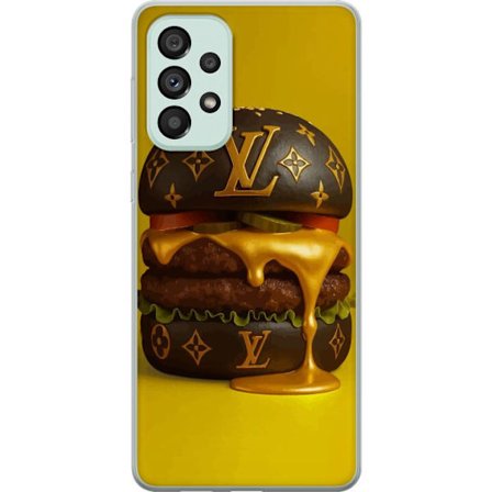 Samsung Galaxy A73 5G Gennemsigtig cover Luksuriøs LV burger mode mad parodi guld detaljer eksklusiv humor design æstetik luksus stil kreativ kunst