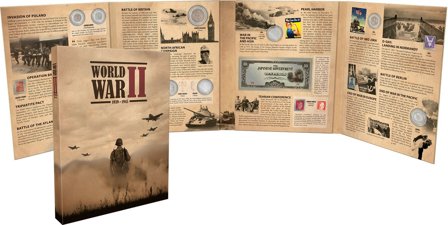 Hele verden 1939-1945 - Anden Verdenskrig - 9 mønter, 1 pengeseddel og 6 frimærker - Fin/Ucirkuleret