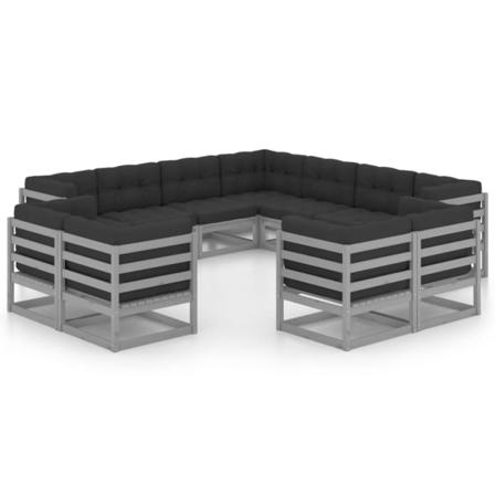 Vidaxl Loungegrupp Med Dynor 11 Delar Grå Massiv Furu Grå