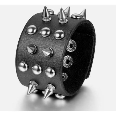 Svart lærarmbånd med pigger og runde nagler