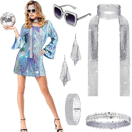 6 stk. Disco Kvinde Kostume Outfit Og Tilbehør Sæt 70'er Kjole Paillet Tørklæde Armbånd Øreringe Hårbånd Solbriller_fs