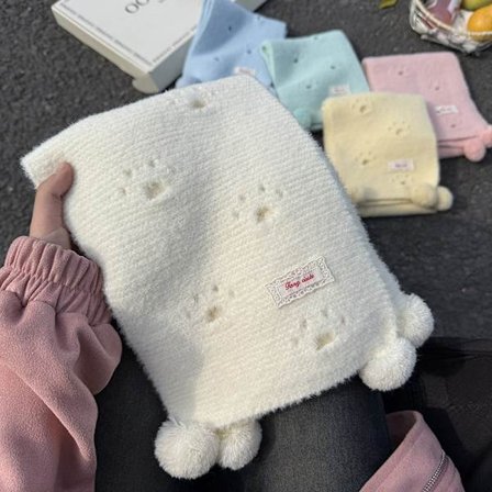 Søtt kattedobbeltsidig strikket skjerf, retro og allsidig halsvarmer, hvit