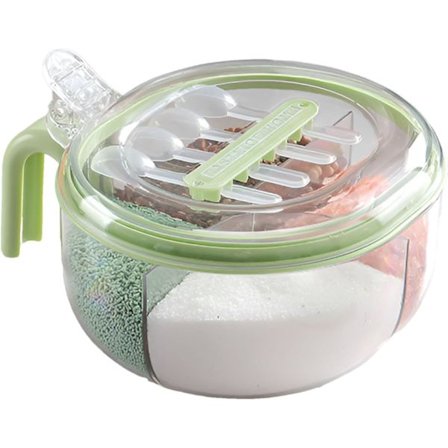 Krydderiopbevaringsbeholder med rum - Krydderiboks med 4 rum | Opbevaringsboks til køkkenet med håndtag og ske | Keramisk saltboks kompatibel med 