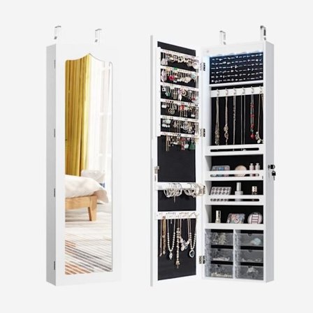 COSTWAY Vægmonteret smykkeskab LED-spejl, 6 skuffer Justerbar kroghøjde 120x36,5x11,5CM i hvidt træ