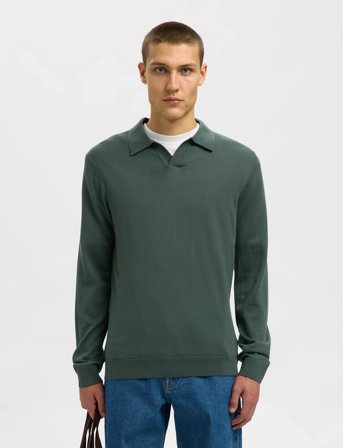 Selected Slhtray Ls Knit Merino Open Polo - Green - L