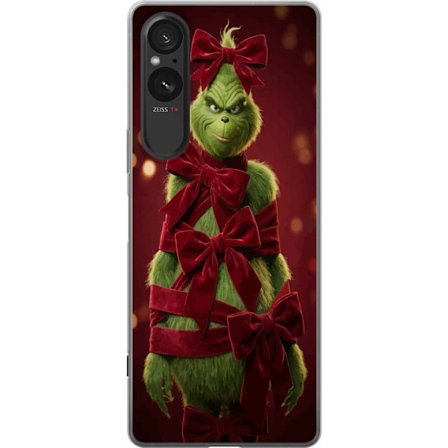 Yhteensopiva Puhelinkuori Sony Sony Xperia 5 V Grinchi-hahmo koristeltu punaisilla samettinauhoilla juhlavassa studiossa, leikkisällä ja humoristise