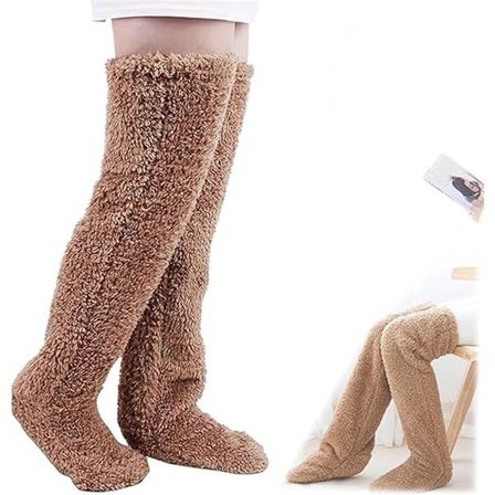 Lange fleece over-knee strømper - Varme strømper - Fleece over-knee strømper til kvinder - Varme fleece sove sokker til vinter (brun)