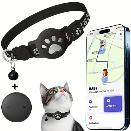 Katte GPS-tracker i realtid – Ingen månedlig betaling, Kompatibel med Apple Find My (iOS), Intet SIM-kort, Halsbånd til AirTag