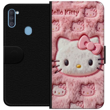 Kompatibel Tegnebogsetui til Samsung Galaxy A11 Hello Kitty lyserød fluffy baggrund med ikonisk ansigt og kawaii-æstetik