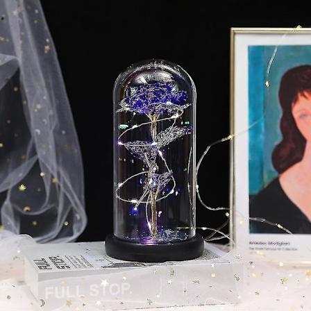 Ikuinen ruusu - Kaunotar ja hirviö -ruusupaketti lasikuvussa, LED-valot, keinotekoiset kukat, ruusulahjat naisille, äitienpäivälahja Purple