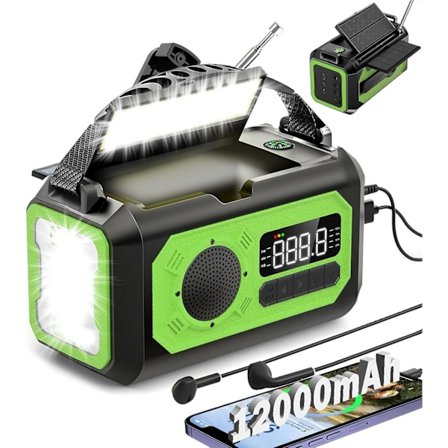 12000mAh håndsveiv nødradio, AM/FM/NOAA, multifunksjonell solcelledrevet radio, 2 solcellepaneler, USB-lading, lommelykt og LED-leselampe, SOS-alarm