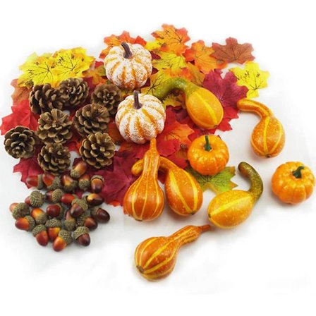 Høst Halloween-dekor, kunstige gresskar, kongler, sett for