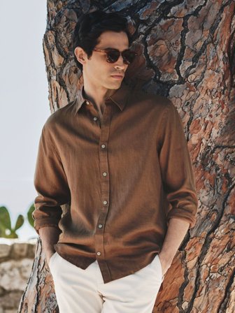 John Henric Men's Brown Solid Casual Fit Linen Shirt Size M
