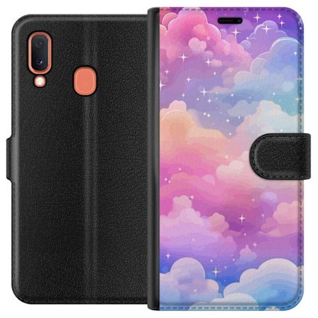 Kompatibelt Lommeboketui til Samsung Galaxy A20e Søt enhjørning med regnbuefarget hår mot en stjernebelagt pastellbakgrunn i kawaii-stil