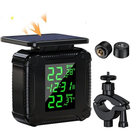 Motorcykel däck tryck övervakning system med 2 externa sensorer LCD display temperatur larm USB solar laddning