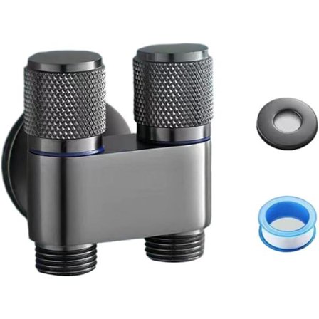 Dobbelt kontrolhane, dobbelt kontrolvinkelventil, G1/2 vaskemaskinehane 1 indløb 2 udløb, toilet trekantventil (grå)