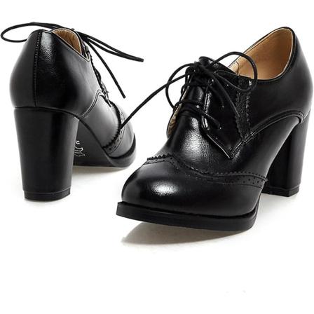 Vintage fløyel Oxford-sko for kvinner, runde tå med snøring, høye hæler i britisk stil, ankelstøvletter med chunky hæler, formelle sko Black EU34