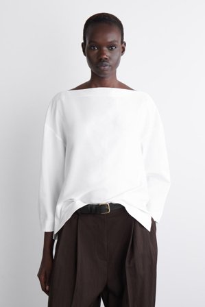 COS Damen Baumwollbluse Mit U-Boot-Ausschnitt - Weiss