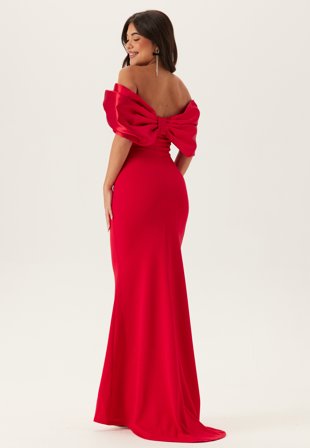 Goddiva - Bardot Satin Bow Back Maxi Dress - Red - Kläder - - Bubbleroom