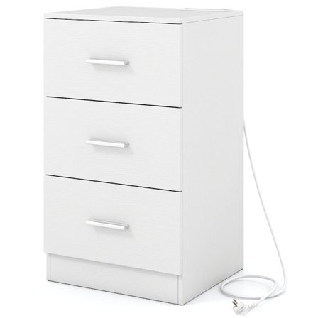 Natbord med ladestation, 3 skuffer, hvid, 38x35x66 cm
