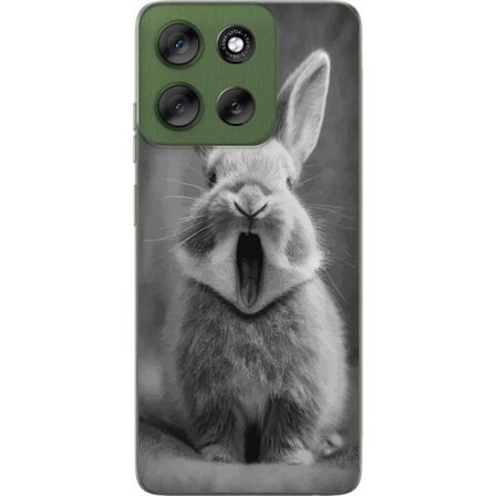 Motorola Moto G56 Läpinäkyvä kuori Ihastuttava mustavalkoinen kani istuu eteenpäin suunnattuna suu auki ikään kuin haukotellen, luoden hurmaavan