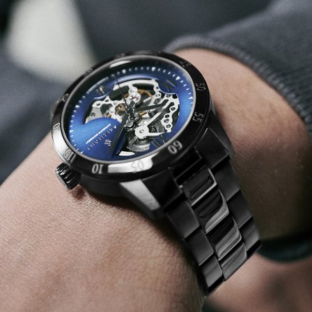 Reloj esqueleto negro con esfera azul | Dante II para hombres - Relojes esqueleto