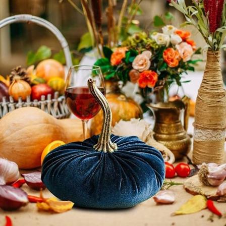 Fløyelsgresskar med ekte stilker, kunstige fløyelsgresskar til Thanksgiving-dekor (Blå, 15 cm) Blue 15cm