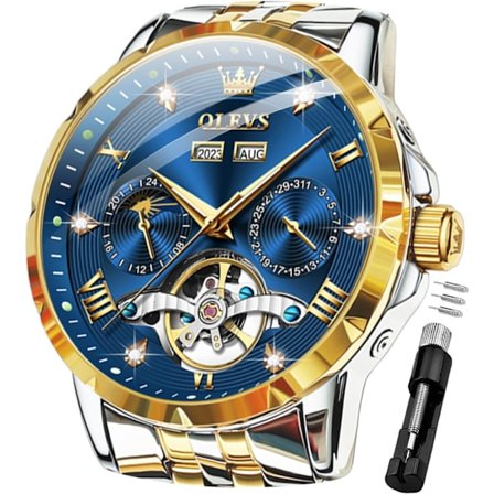 Herre Mekanisk Luksus Business Rustfrit Stål Tourbillon Årskalender Månefase Vandtæt Ur (Guld Sølv)