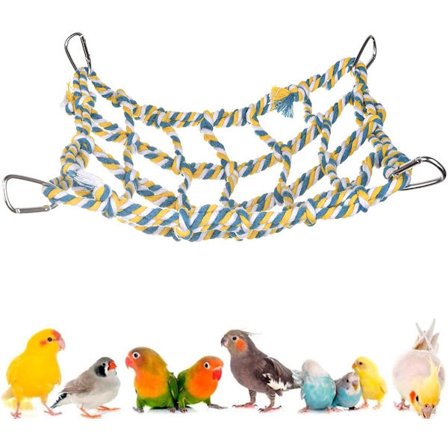 Papegøyehuske (Gul 32*25 cm) - med 4 kroker - Fuglehuske - Klatrenett - Fugleleker - Fugleleketøy