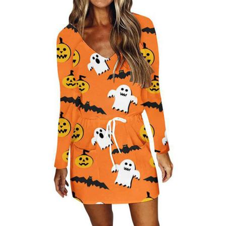 Dam V-hals Kort Mini Klänning Print Halloween Klänningar