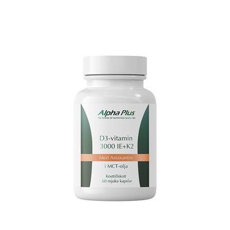 Alpha Plus D3 3000IE + K2 og Astaxantin 60 kapsler