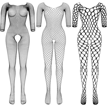 2025 Siste Modell 3 Pakker Dame Fiskenett Bodyer Mesh BodyStocking Fiskenett Undertøy Langermet Bodyer Ett Stykke Jumpsuit Svart B