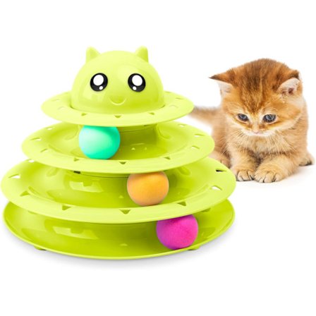Katte Legetøj med Rullende Bold - 3-Etagers Tårnbane til Interaktiv Leg, Motion & Stimulering (Grøn)