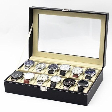 New productkamnj! High-quality watch box for 12 watches with window black with white stitching Black Black Black/NC/