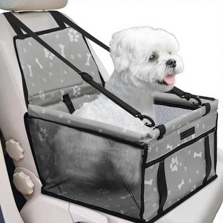 Hundebilsete, sammenleggbart, hundebilsete med forhøyer, vanntett og pustende, Oxford-reiseveske, lite hundemønster, grå