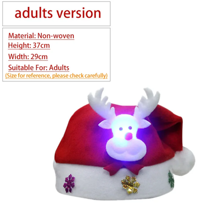 Sød Julehat til Børn/Voksne - Rød Ikke-vævet Hat med LED-lys - Julemandshat til Hjem, Kontor, Bar, Julefest Dekoration Adult Elk Light