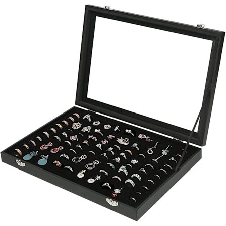 Ring Smycken Organizer Box, 100 Slot Rings Display Förvaring Väska Örhänge Showcase - Svart Sammet Smycken Stativ Hållare Bricka Med Transparent 