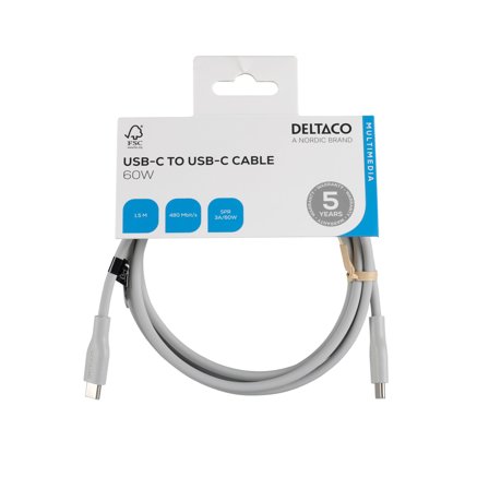 Deltaco USB-C - C USB2.0 SPR Cable, silicone, 1,5m, Grey