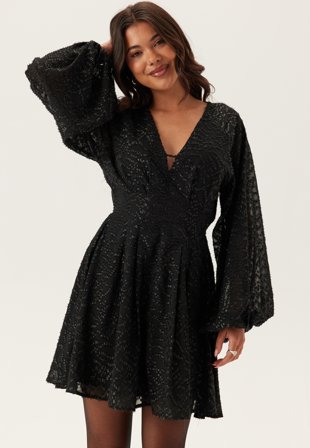 Bubbleroom Occasion - 3D Lurex Raglan Sleeve Short Dress - Black - Kläder