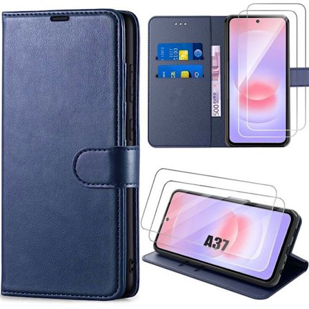 Coque Synthécuir - BOOLING - til Samsung Galaxy A37 5G - Anti-Ridser Mørkeblå - 2 Tempereret Glas