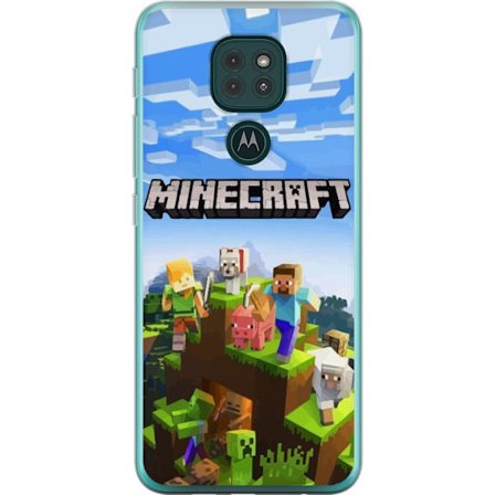 Kompatibel Mobilcover til Motorola Motorola Moto G9 Play Minecraft eventyrklippe med Steve, Alex, dyr og mobs i klassisk blokstil, hvor hele verden sa