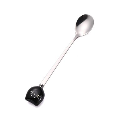 Kreativ keramisk katt kaffeskje i rustfritt stål, røreskje, krus, langskaftet skje i rustfritt stål (svart)