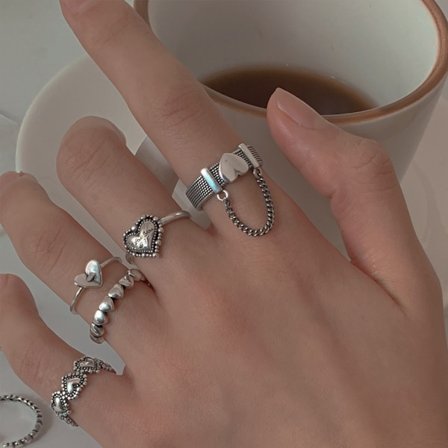 Kpop Punk Love Heart Ring Set Personlighet Vintage Silver Färg Geometrisk kedja Fingerringar för kvinnor Mode smycken Party Present
