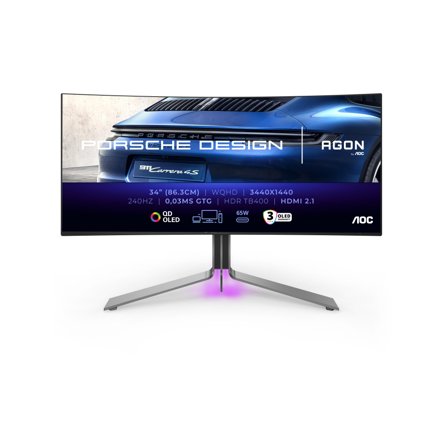 AOC PD34 34IN QD OLED 0.03 ms 3440x1440 240Hz Wid 21/9 1xDP 2xHDMI 2.1 USB-C Brightness 1000 cd/m2 HDR 400