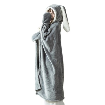 Sød kaninøre Bærbar tæppe Tykt kast fleece Hætte Poncho Wrap med handsker Hjem Pige Hoodie