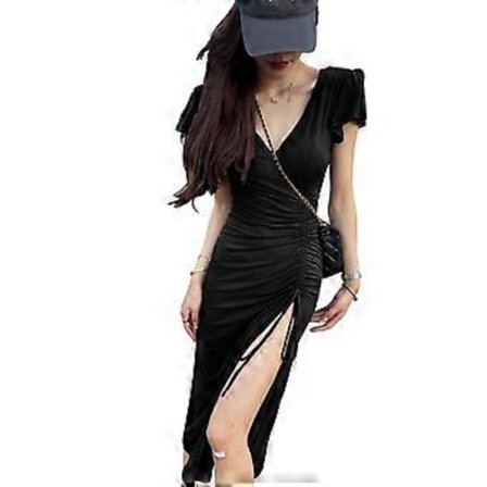 Dame V-hals Bodycon Mini Kjole Kort Erme Tettsittende Kjoler Festkjole (M Svart)